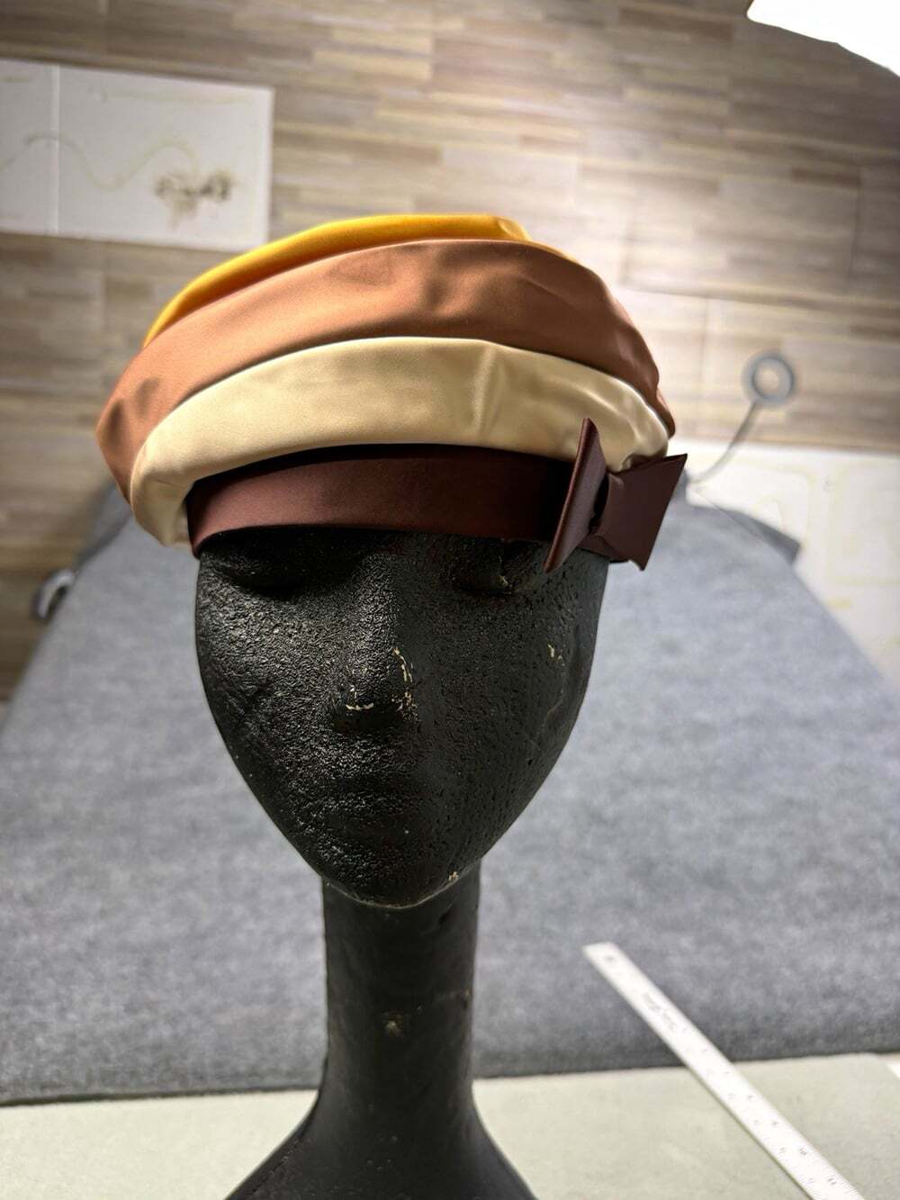 Vintage 1950s Satin Turban Hat Brown and Cream Mid Century